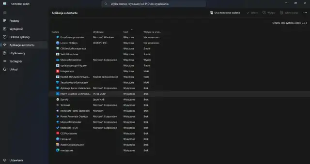Menedżer zadań Windows 10, zakładka "Aplikacje autostartu" pokazuje programy uruchamiane z systemem.