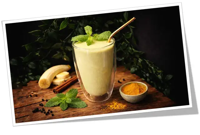 Orzeźwiający koktajl bananowy z miętą, cynamonem i kurkumą na drewnianym blacie.