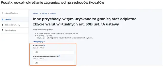 Formularz PIT-38, sekcja "Inne przychody", z polami na przychód i koszty uzyskania przychodów (zł).