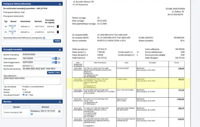 Wyciąg bankowy co to? Dokument zawiera szczegóły transakcji, powiązane faktury i dane kontrahentów.