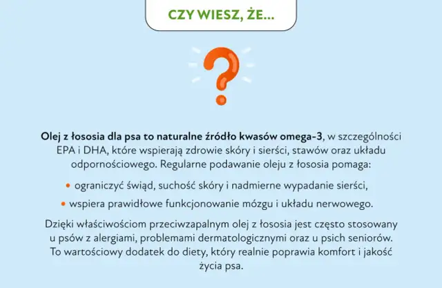 Olej z łososia dla psa to naturalne źródło kwasów omega-3, wspierające skórę, sierść i stawy. Pomaga ograniczyć świąd i wypadanie sierści.