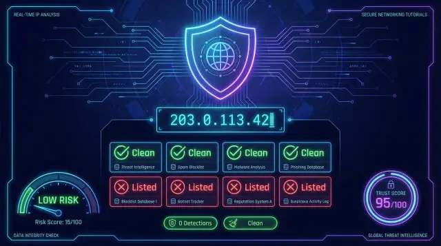 Analiza IP: 203.0.113.42. Wykryto wpisy na czarnej liście IP w bazach danych. Niskie ryzyko, 0 detekcji.