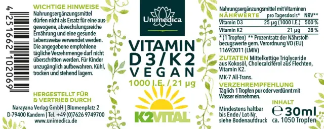 Flasche mit veganem Vitamin D3/K2, Sonnen- und Blattmotiv, Nährwertangaben.