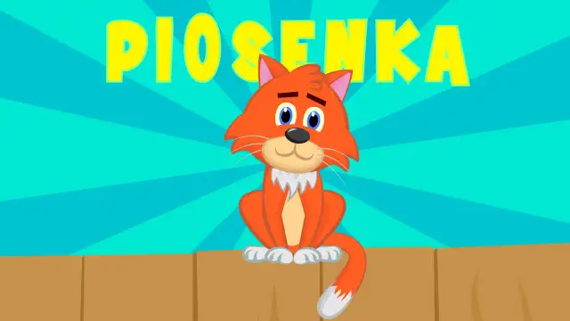 Pomarańczowy kotek siedzi na płotku, a nad nim wielki napis "PIOSENKA".