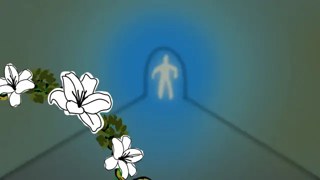 Białe lilie otaczają sylwetkę człowieka w świetlistym tunelu, niczym symboliczne lilje Adama Mickiewicza.