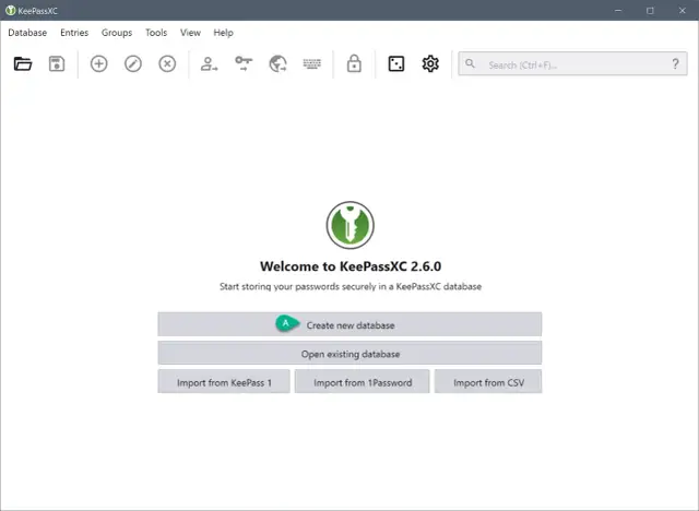Ekran powitalny KeePassXC 2.6.0. Możesz stworzyć nową bazę danych, otworzyć istniejącą lub zaimportować dane. To niebezpiecznik do przechowywania haseł.