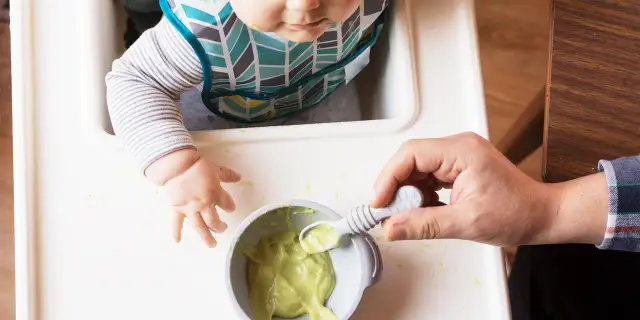 Maluch w śliniaczku dostaje łyżeczkę z puree z awokado dla niemowlaka.