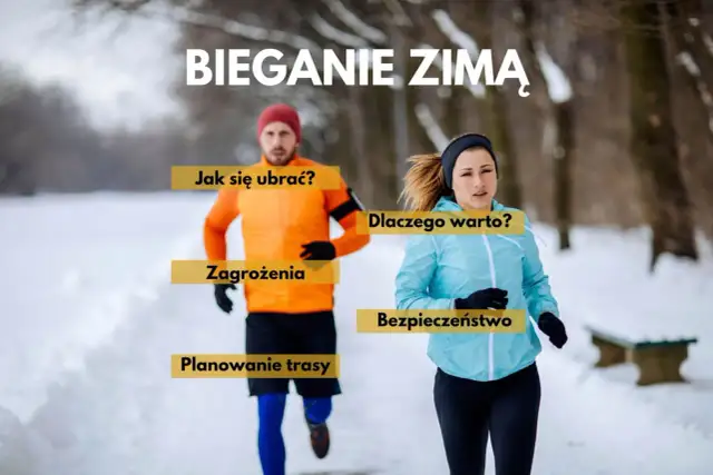 Para biegaczy w zimowej scenerii. Tekst informuje o bieganiu w zimie, ubiorze, zagrożeniach, planowaniu trasy, bezpieczeństwie i powodach, dla których warto biegać zimą.
