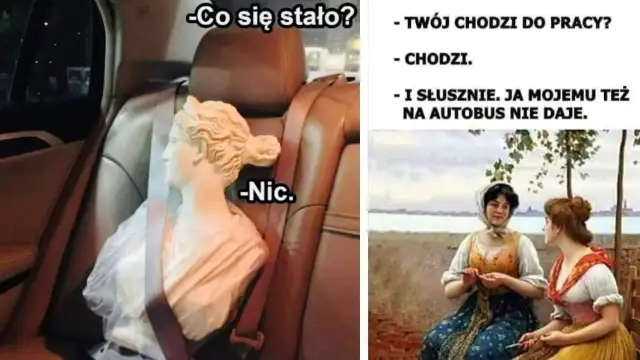 Dwie części memów: popiersie w samochodzie i dwie kobiety rozmawiające.