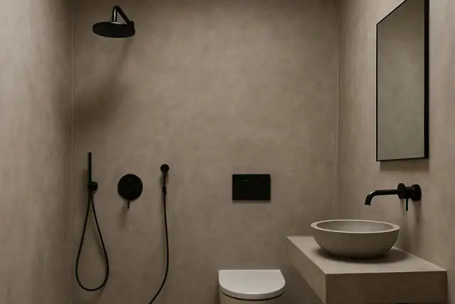 Baño moderno con paredes de microcemento, ducha negra, lavabo de piedra y espejo.
