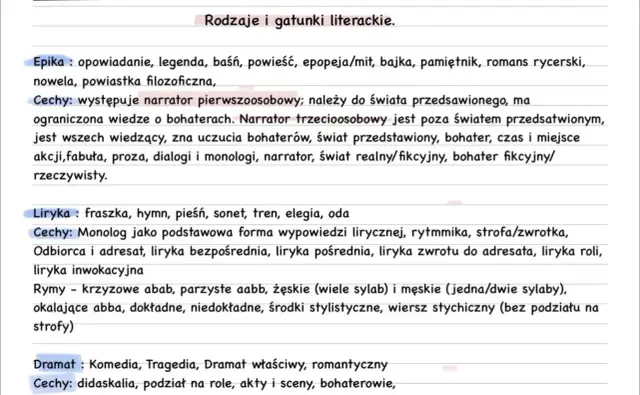 Rodzaje i gatunki literackie: epika, liryka, dramat. Opisuje cechy, przykłady i budowę poszczególnych gatunków.