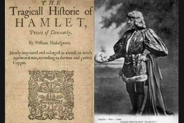 Strona tytułowa "Hamleta" Szekspira i Sarah Bernhardt jako Hamlet, trzymająca czaszkę. To streszczenie dzieła.