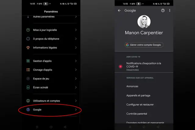Paramètres du téléphone, avec une section dédiée aux paramètres des applis Google. L'écran de droite montre le compte Google de Manon Carpentier.