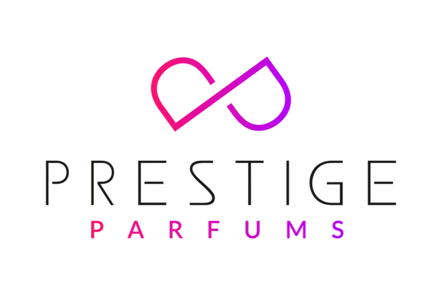 Logo luksusowe marki Prestige Parfums. Symbol nieskończoności w gradientach różu i fioletu nad napisem.