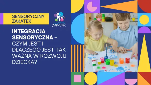 Dzieci malują palcami farbami na białym papierze, otoczone kolorowymi geometrycznymi kształtami.