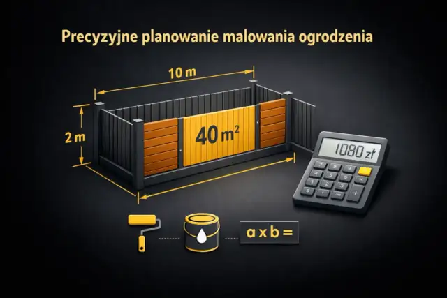 Precyzyjne planowanie malowania ogrodzenia: wymiary 10m x 2m, powierzchnia 40m², kalkulator pokazuje 1080 zł.