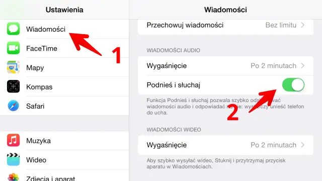 Ustawienia Wiadomości, włącz "Podnieś i słuchaj", aby szybko odsłuchać pocztę głosową.