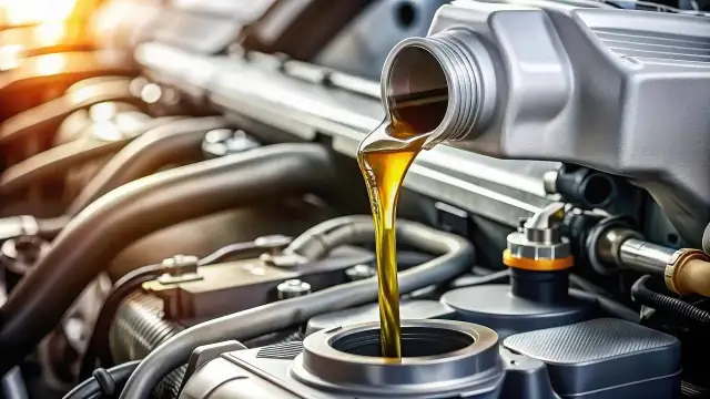 Olej silnikowy Motul 5W-40 jest nalewany do silnika samochodu.