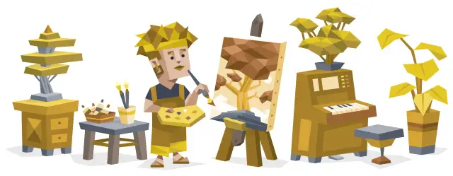 Artysta maluje drzewo, a obok stoi pianino i rośliny. Czy infp jest rzadkie? Może tak, ale tworzy piękne rzeczy.
