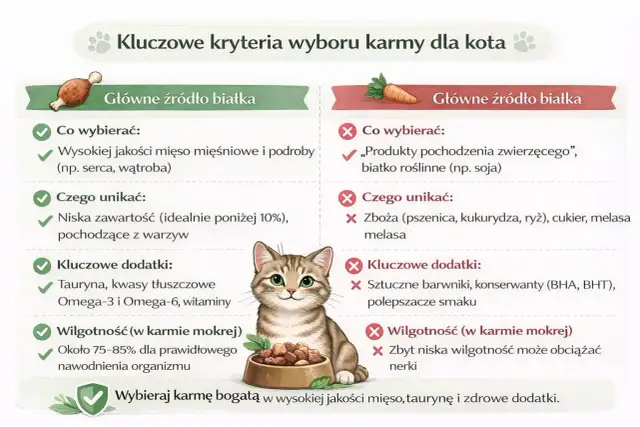 Grafika porównuje kryteria wyboru karmy dla kota. Po lewej stronie zalecenia dotyczące wysokiej jakości mięsa i dodatków, po prawej czego unikać. Kotek z miską karmy.