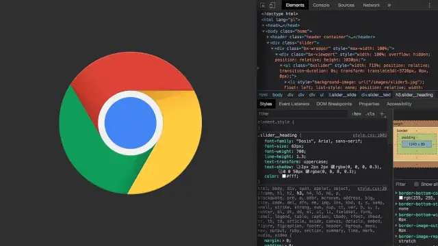 Logo Chrome i otwarte narzędzia deweloperskie w przeglądarce, pokazujące kod HTML i CSS.