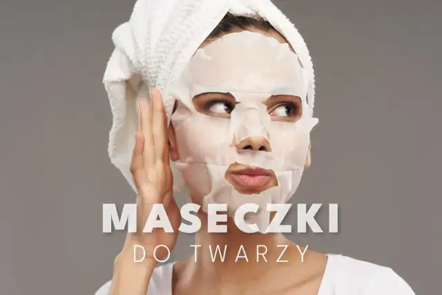 Kobieta z ręcznikiem na głowie stosuje maseczkę na niedoskonałości. Tekst: "MASECZKI DO TWARZY".