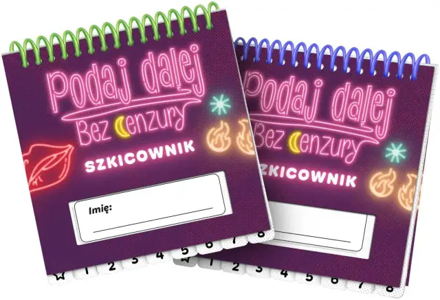 Dwa szkicowniki "Podaj dalej bez cenzury" z neonowymi ustami i płomieniami. Idealne do swobodnych notatek i rysunków.
