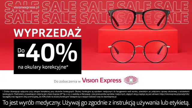 Dwa modele okularów korekcyjnych na czerwonym tle z napisem "WYPRZEDAŻ" i "Do 40%".