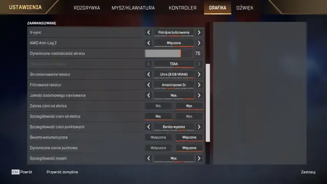 Ustawienia grafiki w grze Apex Legends po polsku: rozdzielczość, cienie, tekstury.