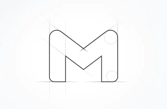 Nowa ikona Google, litera M, z pomocniczymi liniami i okręgami, sugerująca proces projektowania.