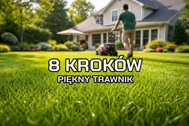 Mężczyzna kosi trawnik przed domem. Napis "8 KROKÓW PIĘKNY TRAWNIK" sugeruje, że to poradnik, jak uzyskać idealny trawnik, być może z użyciem nawozów typu nitrabor.