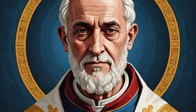 Portret starszego mężczyzny z siwą brodą i włosami, w szatach papieskich, otoczony złotym ornamentem. Wygląda jak pierwszy święty Kościoła katolickiego.