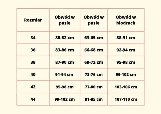 Tabela rozmiarów odzieży. Rozmiar 44 odpowiada obwodowi w pasie 99-102 cm i w biodrach 107-110 cm.