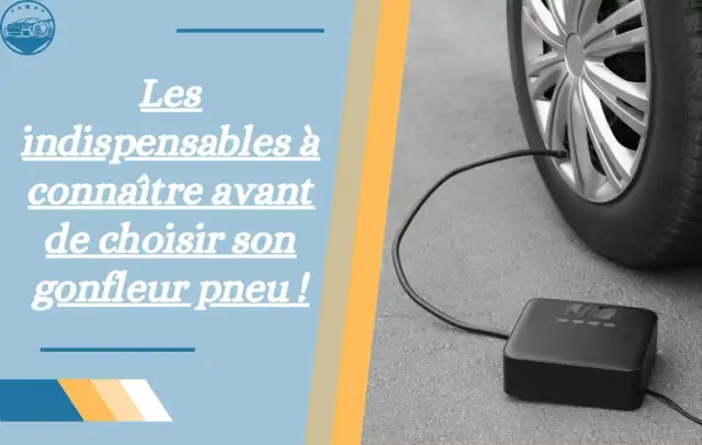 Gonfleur de pneu noir connecté à une roue de voiture sur fond gris.