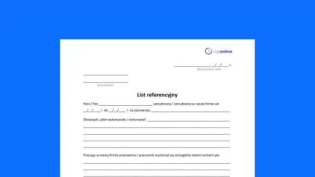 List referencyjny - wzór dokumentu do wypełnienia przez pracodawcę, zawierający dane pracownika, okres zatrudnienia i opis obowiązków.
