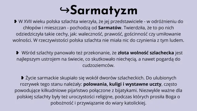 Strzałka i tekst "Sarmatyzm" na jasnoszarym tle.
