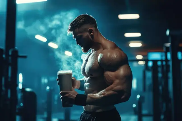 Mężczyzna o atletycznej sylwetce w siłowni, trzymający shaker z odżywką.