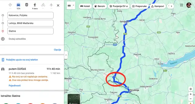 Mapa drogowa z zaznaczoną trasą z Polski przez Węgry do Chorwacji.