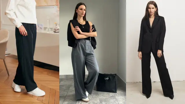 Stylizacje z czarnymi szerokimi spodniami: biała bluzka i sneakersy, czarny top i marynarka, lub elegancki garnitur.