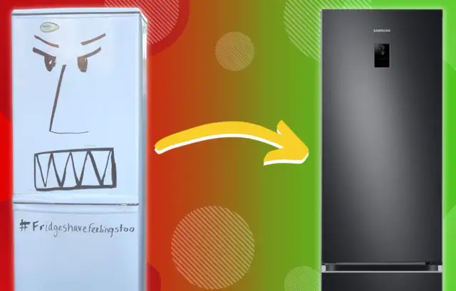 Stara lodówka z narysowaną miną obok nowej, czarnej lodówki Samsung.