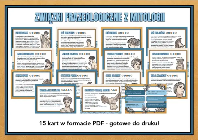 Grafika z tytułem "Związki frazeologiczne z mitologii" i ilustracjami postaci z mitologii greckiej.