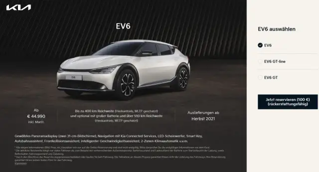 Biały Kia EV6 GT na ciemnym tle. Obok opcje wyboru modelu: EV6, EV6 GT-line i EV6 GT.