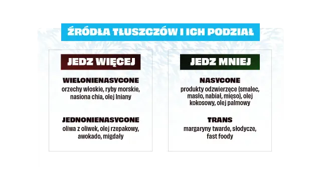 Tłuszcze nasycone jakie to? Obraz pokazuje podział tłuszczów: wielonienasycone i jednonienasycone (jeść więcej) oraz nasycone i trans (jeść mniej).