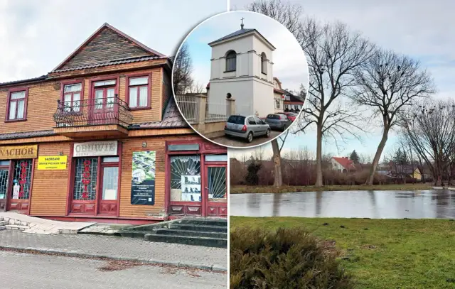 Drewniany budynek z szyldem "Nacho" i dzwonnica, gdzie nagrywali nowego znachora. W tle staw i drzewa.