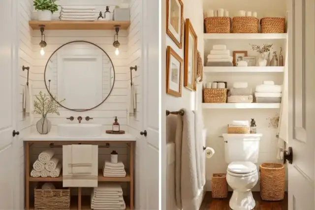Dos baños reformados con estilo rústico. Uno con lavabo sobre mueble de madera y espejo redondo. El otro con estanterías llenas de toallas y cestas.