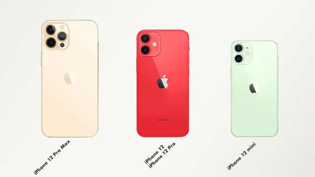 Trois iPhones côte à côte : un doré (Pro Max), un rouge (12/12 Pro) et un vert pâle (mini). La différence iPhone 12 est visible dans leurs tailles et appareils photo.