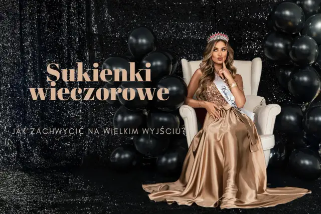 Królowa w złotej, błyszczącej sukni i koronie, otoczona czarnymi balonami. Szukasz niespotykanych sukni wieczorowych, by zachwycić na wielkim wyjściu?
