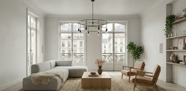 Elegante sala de estar con sofá gris, mesa de centro de madera y dos sillones de cuero. La decoración de casas se realza con grandes ventanales y estanterías.