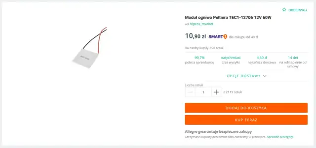 Moduł ogniwo Peltiera TEC1-12706 12V 60W z dwoma przewodami, idealny do projektów chłodzenia.