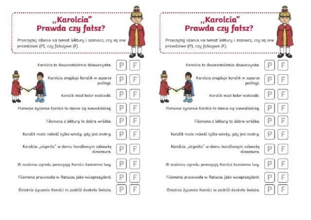 Test wiedzy o lekturze "Karolcia". Zadanie polega na zaznaczeniu, czy zdania o przygodach Karolci są prawdziwe (P) czy fałszywe (F).
